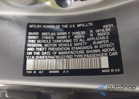 2021 Honda Civic Sport z USA, uszkodzony, nr VIN SHHFK7H47MU221962